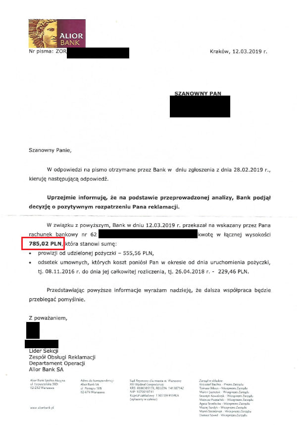 Alior Bank uznaje reklamację za zasadną