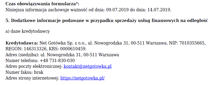 netgotówka formularz informacyjny