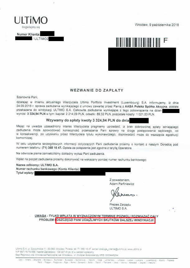 wezwanie do zapłaty Ultimo