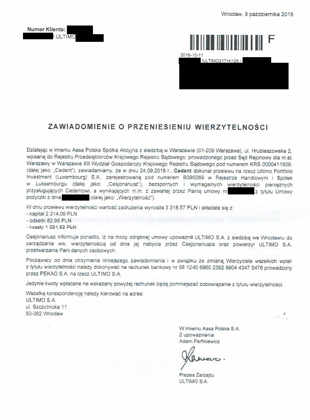 zawiadomienie Ultimo