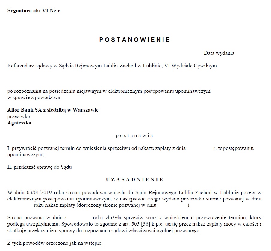 wniosek o przywrócenie terminu do złożenia sprzeciwu