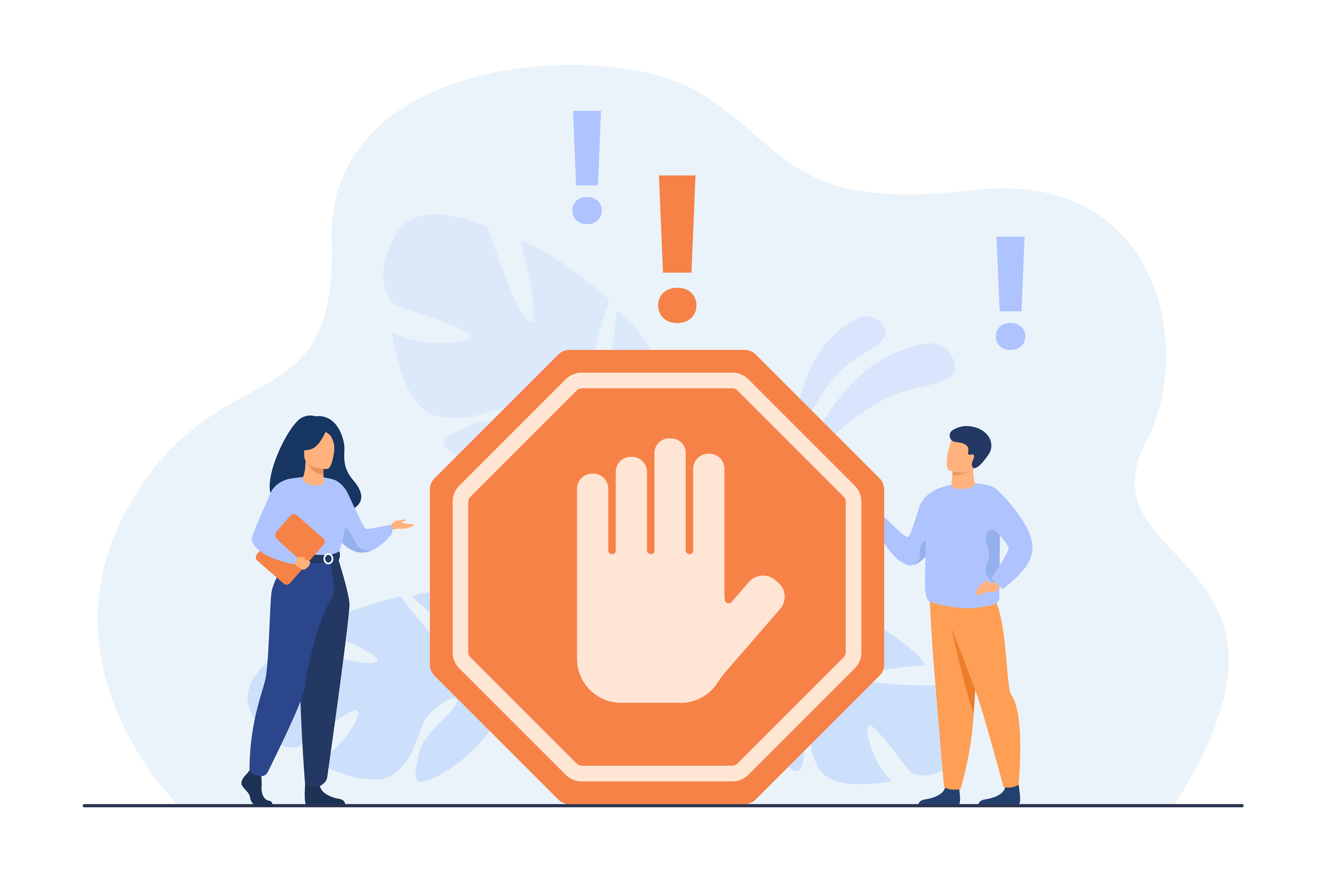 Tiny people standing near prohibited gesture