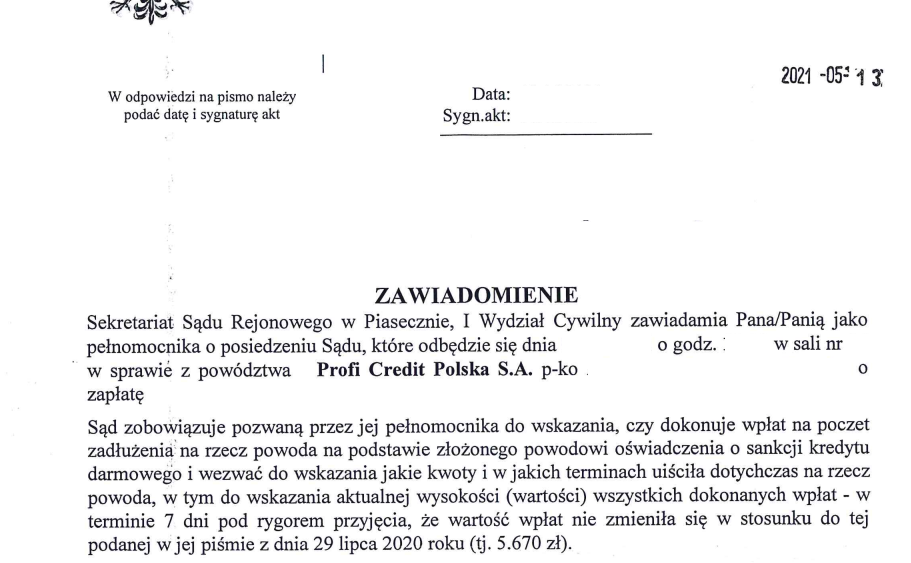 Sankcja kredytu darmowego