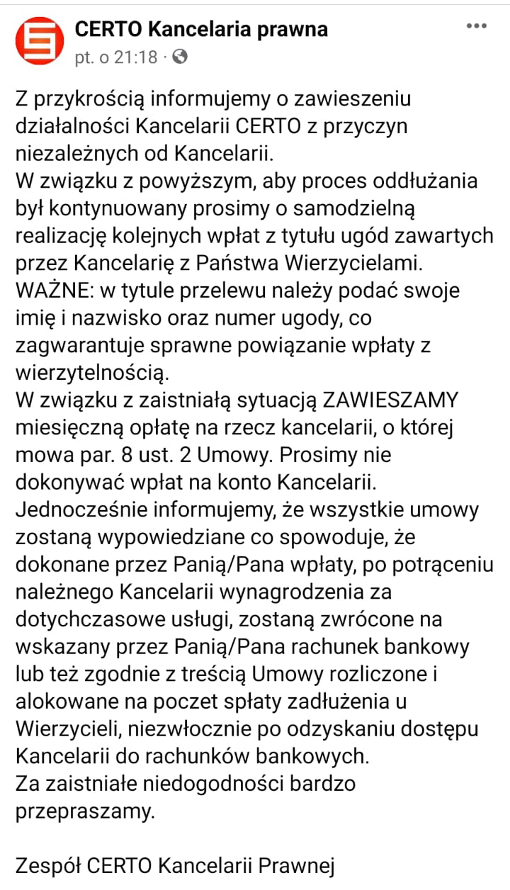 kancelaria certo zawiesza działalność