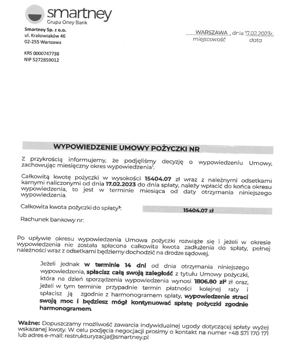 wypowiedzenie umowy pożyczki Smartney wypowiedzenie umowy pożyczki Smartney